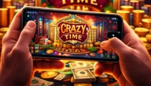 Mobile phone showing Crazy Time roulette game in Bangladesh for real money betting and fast online casino play