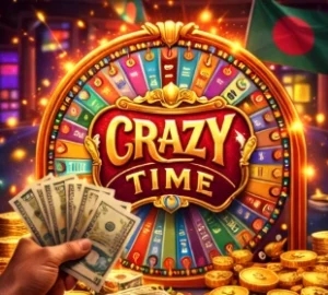 Close-up of Crazy Time roulette wheel in Bangladesh online casino with cash and coins for real money gameplay